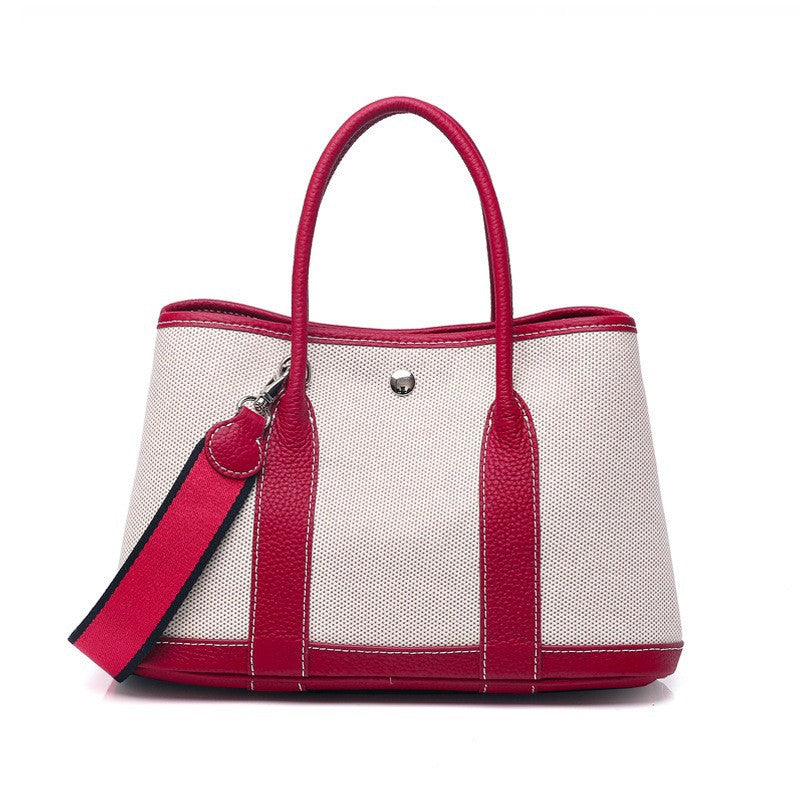 Women's With Canvas Genuine Leather Stuffed Red Handbags