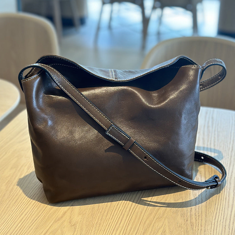Women's Summer Cowhide Simple Leather Retro Large Crossbody Bags