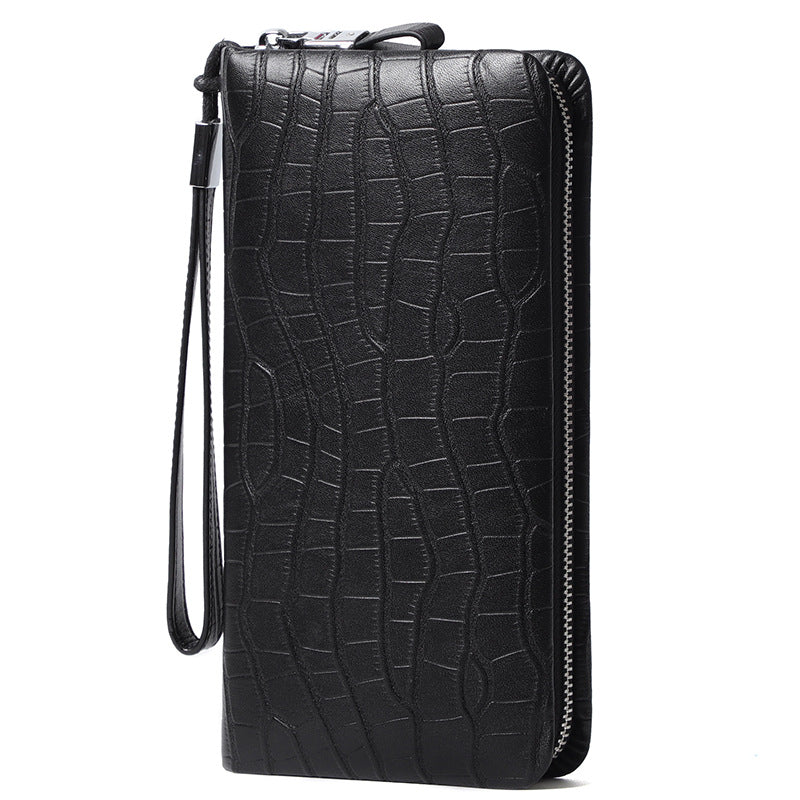 Men's Crocodile Pattern Man's Genuine Leather Double Zipper Long Multiple Men's Wallets