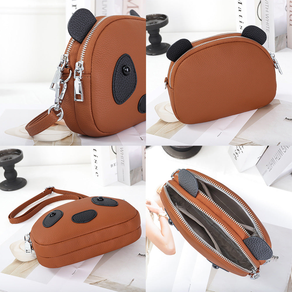 Women's Layer Cowhide Cartoon Cute Panda Fashion Crossbody Bags