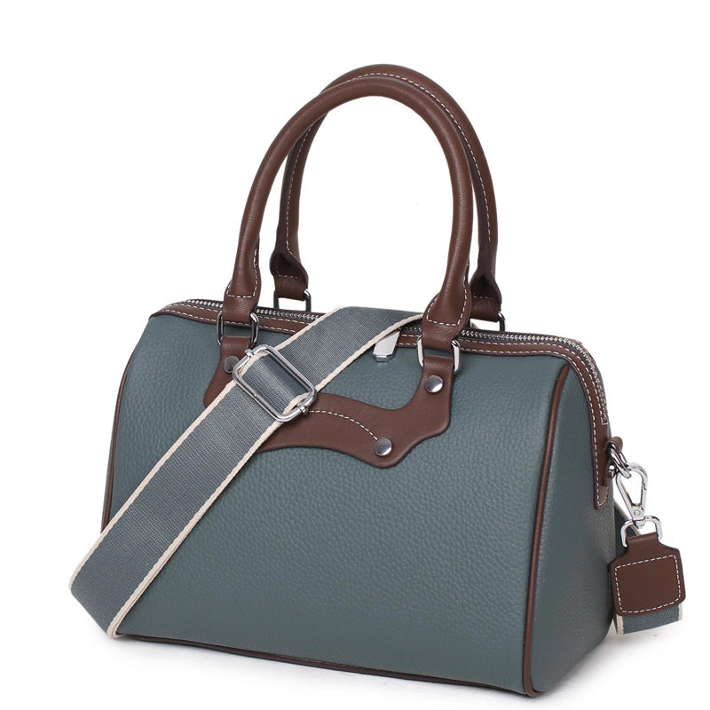 Women's Fashion Color Contrast Boston Genuine Leather Handbags
