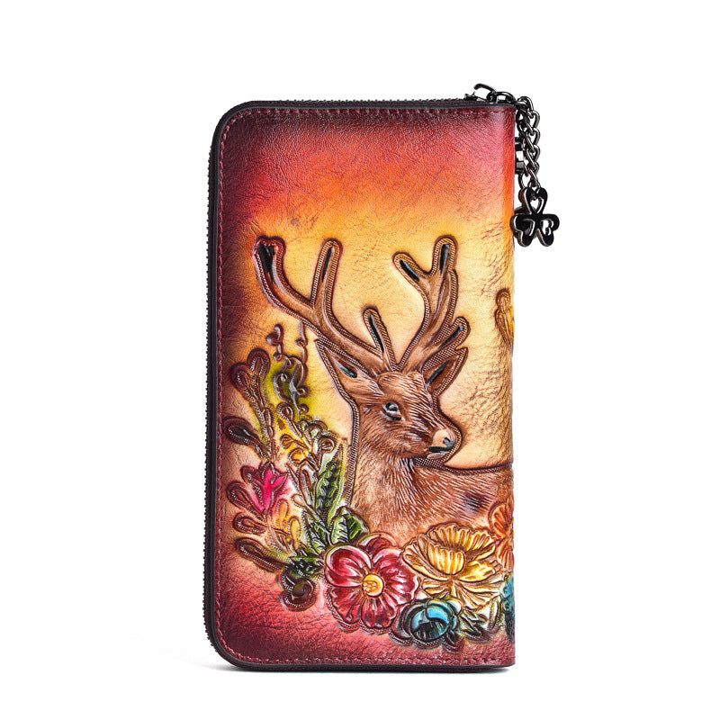 Women's First Layer Cowhide Deer Head Embossed Long Ladies Wallets
