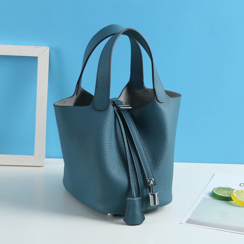 Lychee Pattern Vegetable Basket Genuine Leather Fashion First Layer Handbags