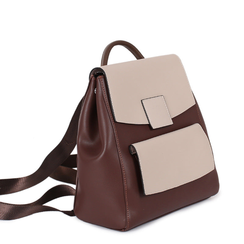 Women's Style Genuine Leather Color Matching Cowhide Backpacks