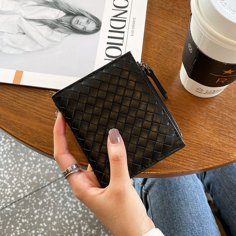 Women's Classy Short Leather Woven Sheepskin Card Holder