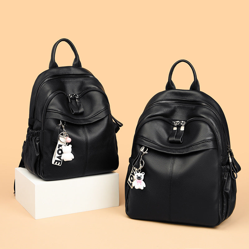 Women's Leather Fashion Bear Pendant Large Capacity Backpacks