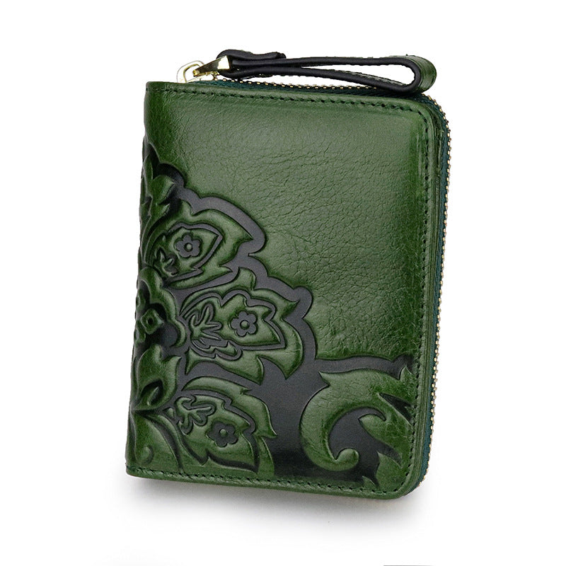 Women's One-piece Embossed First Layer Oil Wax Cowhide Short Ladies Wallets