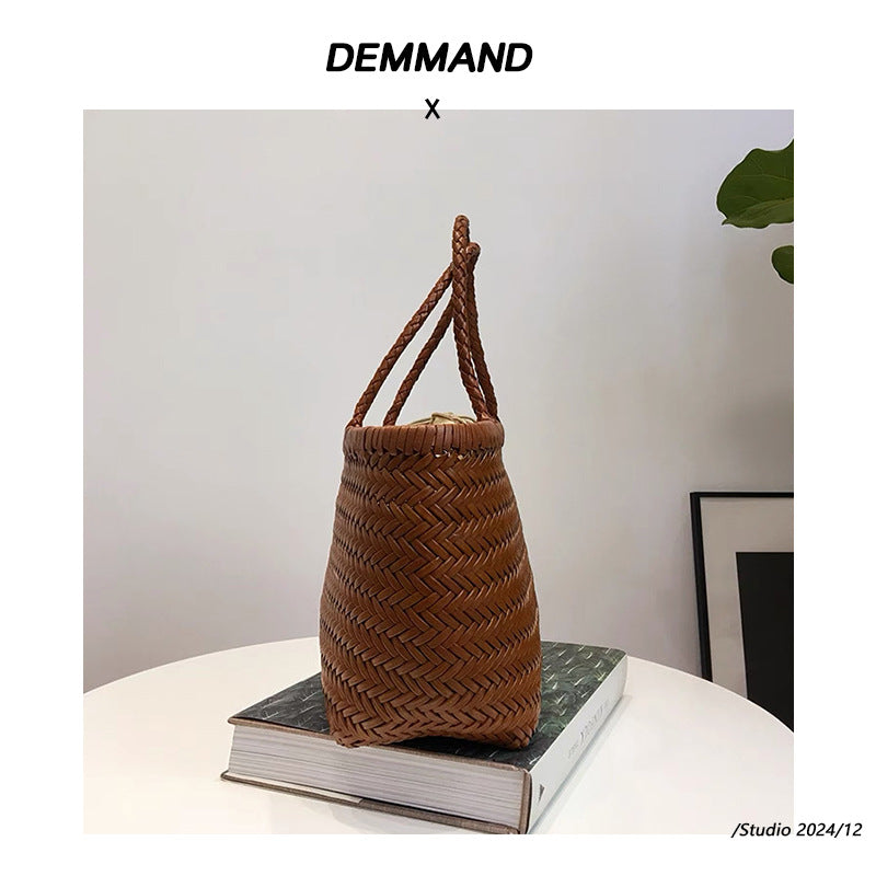 Women's French Style Vegetable Basket Cowhide Hand-woven Bags
