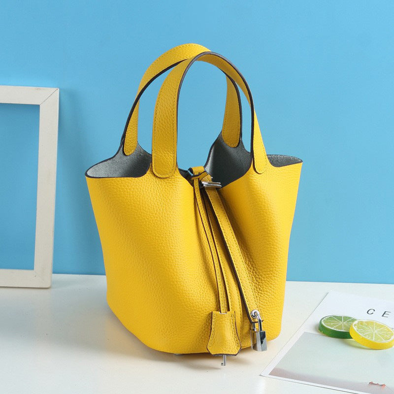 Lychee Pattern Vegetable Basket Genuine Leather Fashion First Layer Handbags