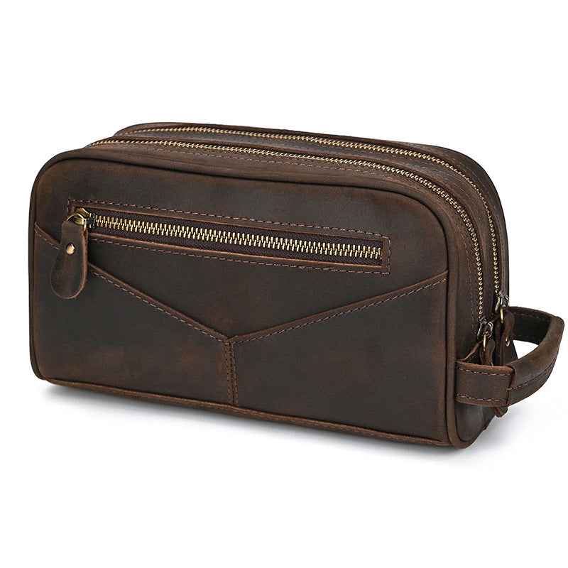 Women's & Men's Leather Toiletry Vintage Crazy Horse Clutch Cowhide Double Men's Handbags