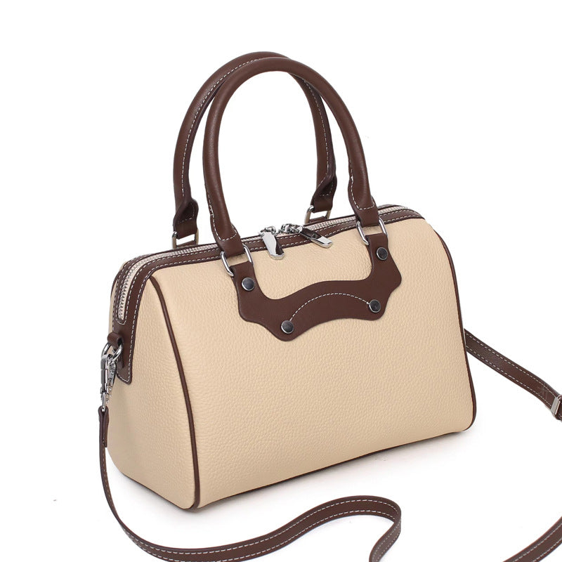 Women's Fashion Color Contrast Boston Genuine Leather Handbags