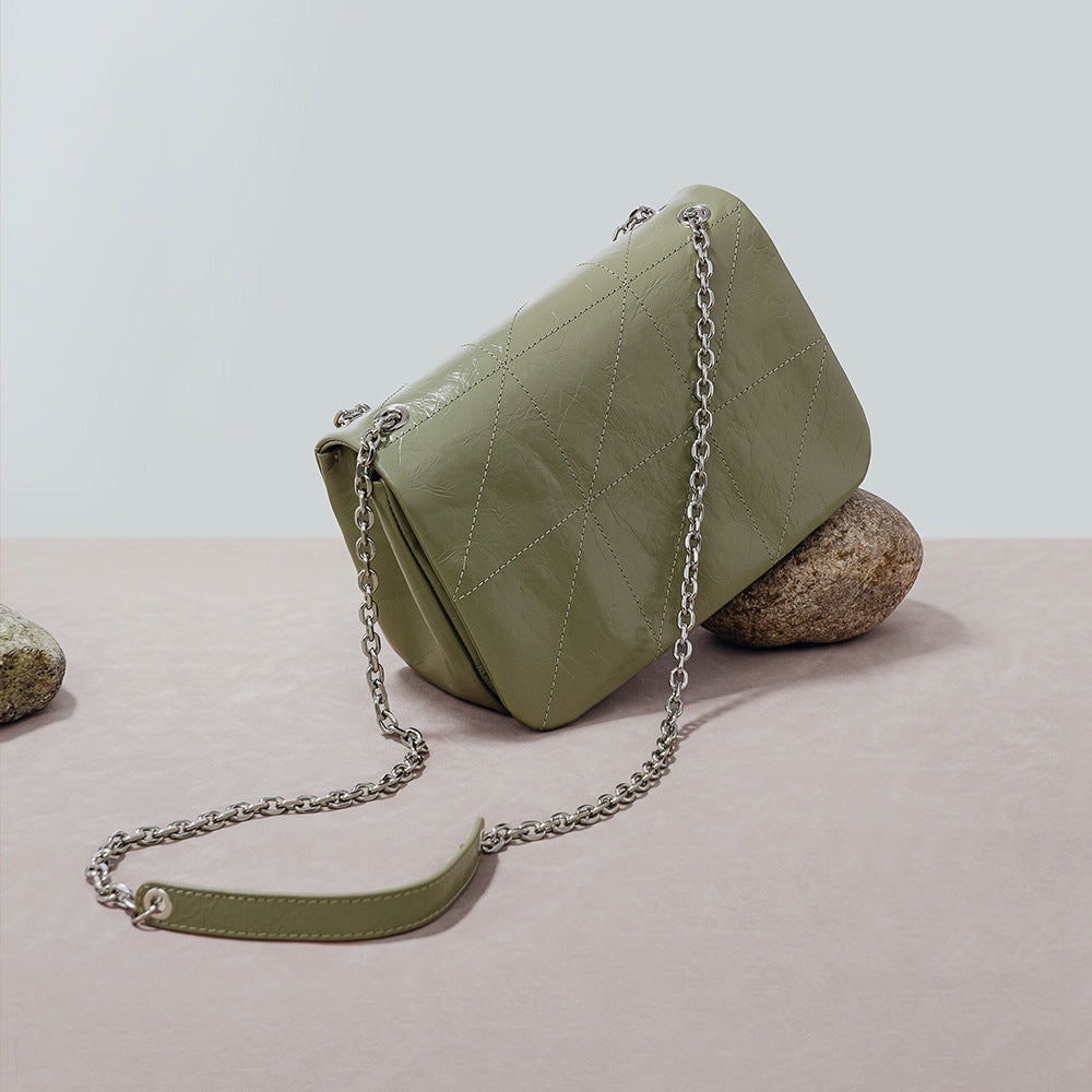 Oil Wax Cowhide Rhombus Chain Retro Easy Matching Shoulder Bags