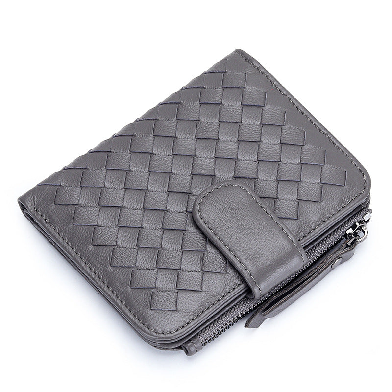 Women's Short Sheepskin Woven Classic Half Fold Ladies Wallets