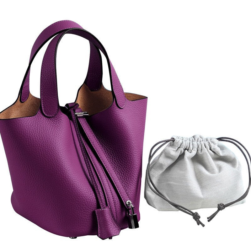 Lychee Pattern Vegetable Basket Genuine Leather Fashion First Layer Handbags