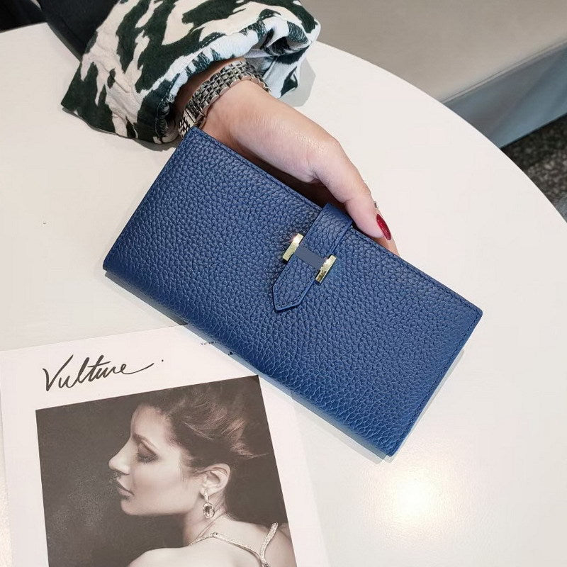 Women's Simple Cowhide Clutch Litchi Pattern Fashion Long Ladies Wallets