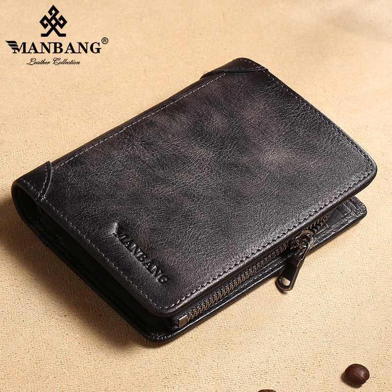 Men's Cowhide Pocket Zipper Multiple Slots Short Men's Wallets