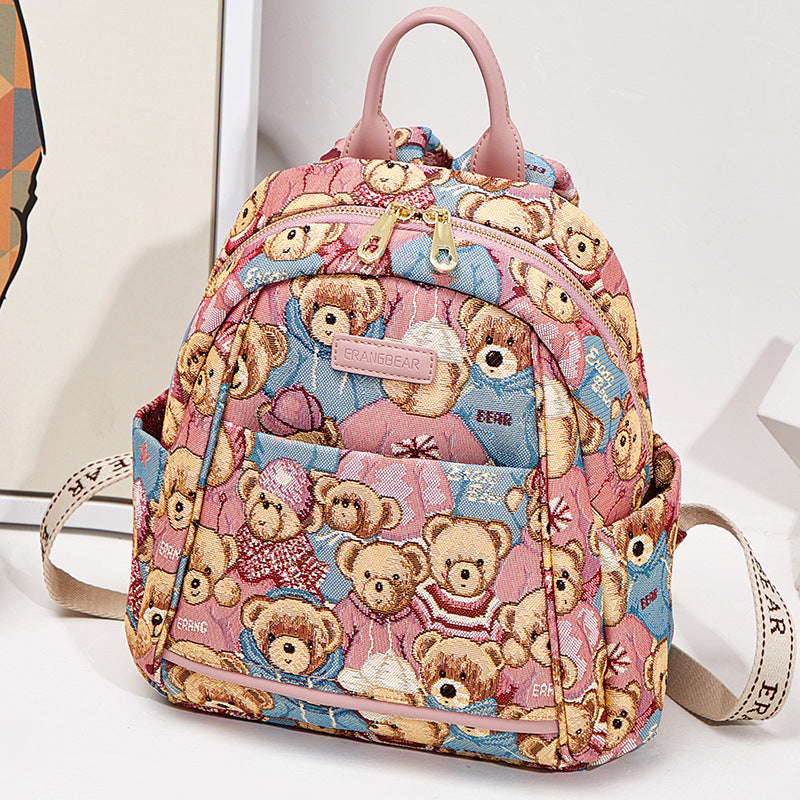 Women's Bear Attachment Embroidered Canvas Fashion Commuter Backpacks