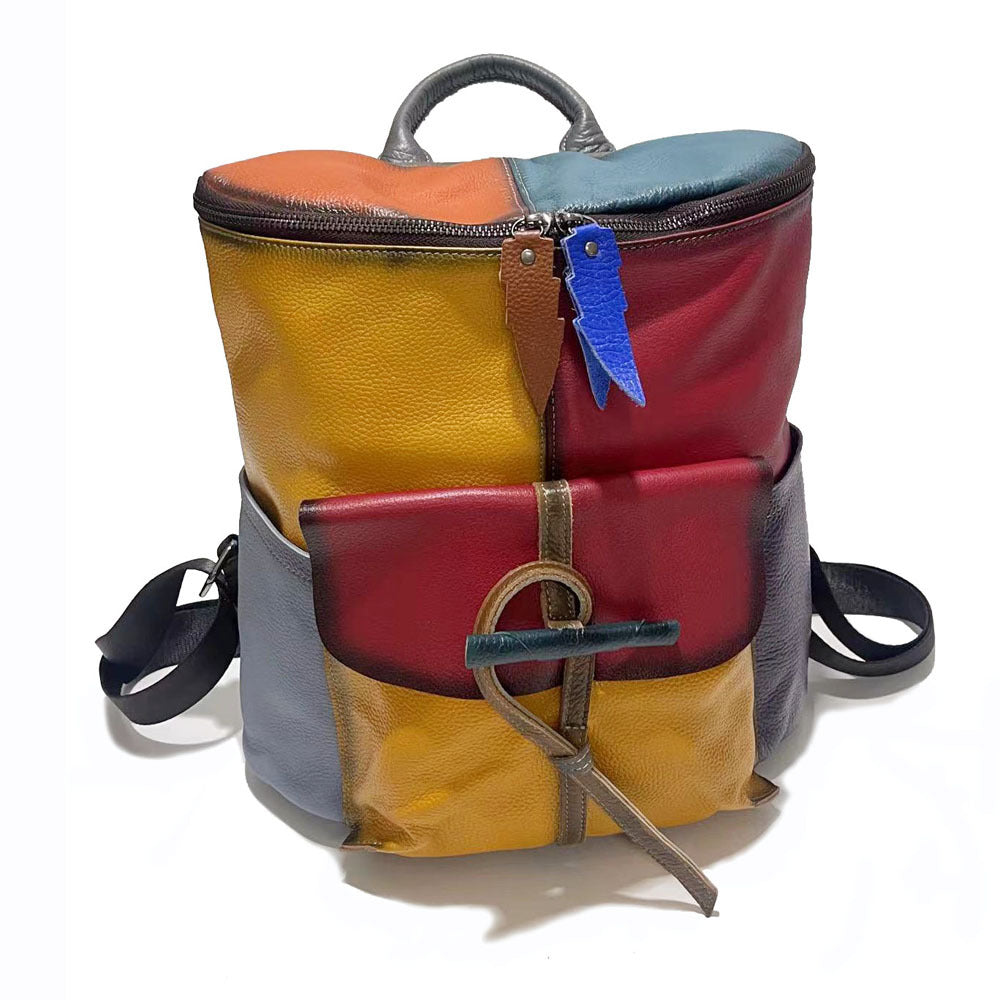 Women's Genuine Leather Retro Color Brushed Backpacks
