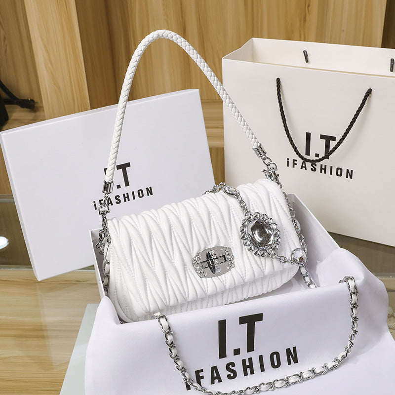 Shopping Genuine Leather Underarm Rhinestone Chain Shoulder Bags