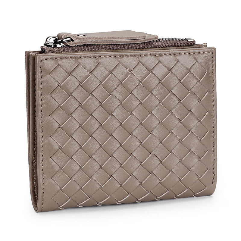 Women's Sheepskin Woven Short Full Leather Vertical Ladies Wallets