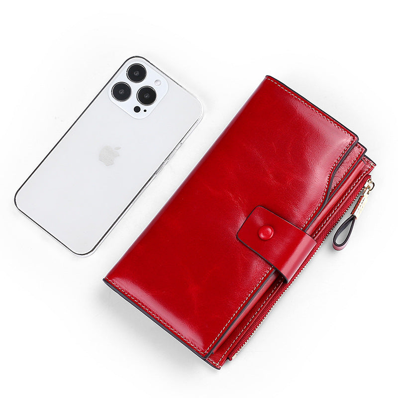 Top Layer Leather Long Swiping Multifunctional Retro Ladies Wallets