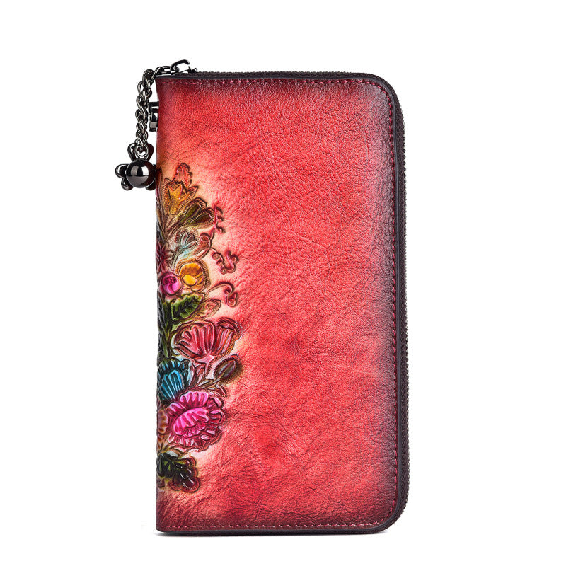 Women's First Layer Cowhide Deer Head Embossed Long Ladies Wallets