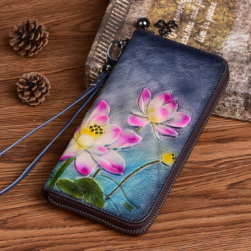 Women's Chinese Long First Layer Cowhide Zipper Mobile Embossed Ladies Wallets