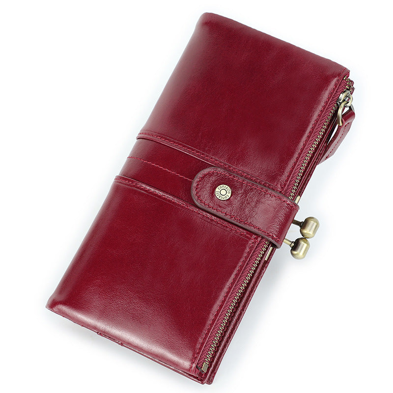Swiping First Layer Cowhide Long Fashion Ladies Wallets