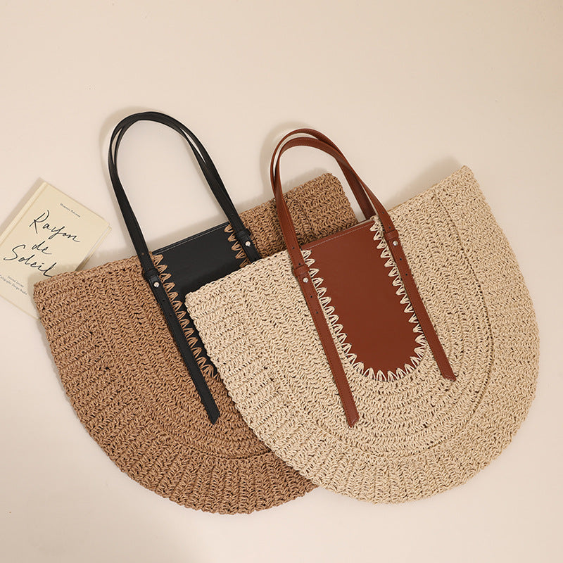 Women's Large Capacity French Straw Niche Stitching Woven Handbags