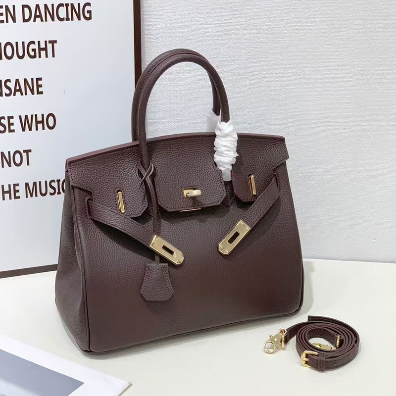 Women's Lychee Pattern Kelly Genuine Leather First Handbags