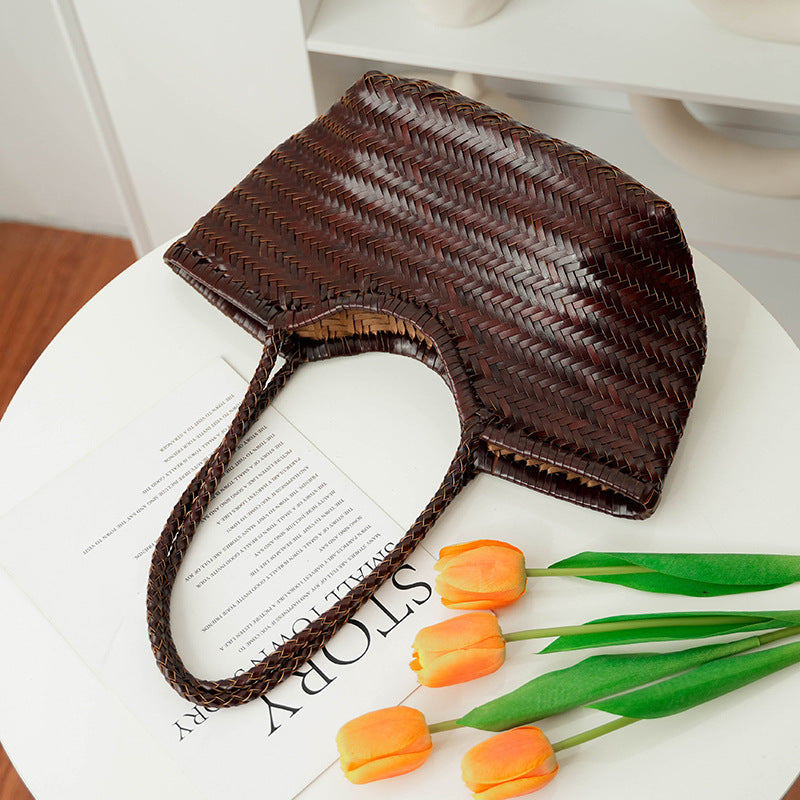 French Retro Woven Authentic Leather Weave Handbags