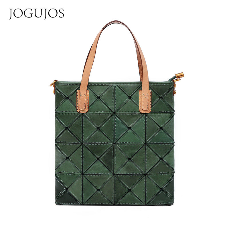 Women's Retro First Layer Cowhide Stitching Portable Shoulder Bags