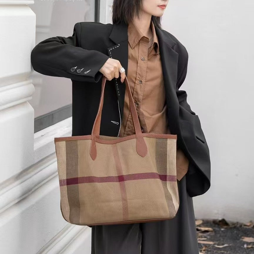 Women's Plaid Jute Leather Hand Large Capacity Handbags