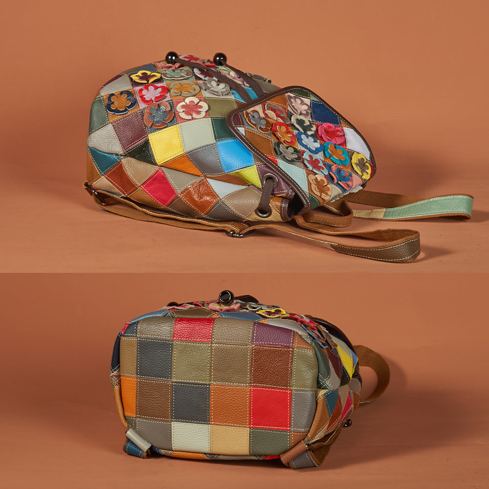 Women's Retro Cow Leather Flower Color Backpacks