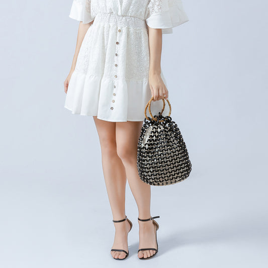 Women's Woven Hollow Design Advanced With Wooden Bags