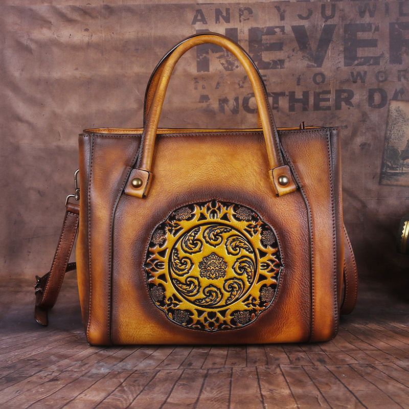 Women's Layer Cowhide Retro Craft Embossed Hand-rub Bags