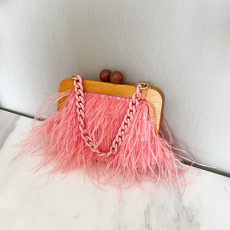 Women's Niche Acrylic Chain Furry Dinner Fluffy Underarm Ostrich Feather Bags