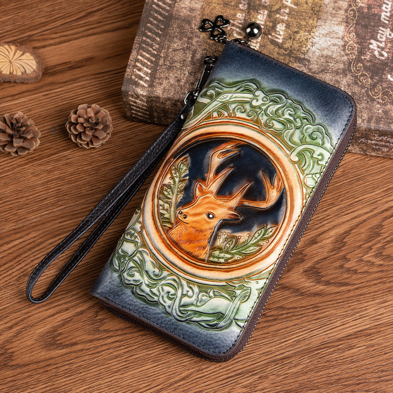Women's Cowhide Live Broadcast Long Retro Deer Ladies Wallets