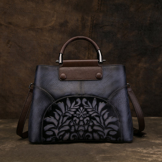 Women's Cowhide Retro Patchwork Embossed Hand-rub Color Large Handbags