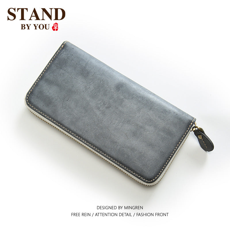 Men's Handmade Leather Long Trendy Clutch Cowhide Bags