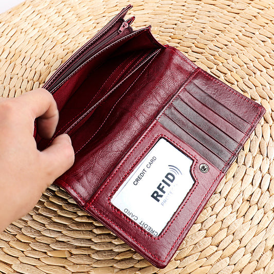 Women's Oil Wax Leather Multi Slots Long Ladies Wallets