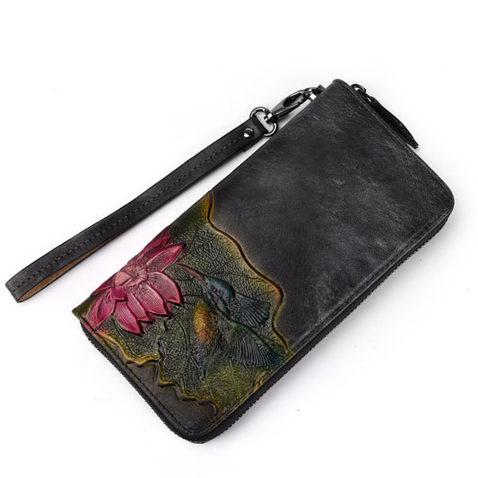 Women's Vegetable Tanned Leather Genuine Embossed Long Zip Ladies Wallets