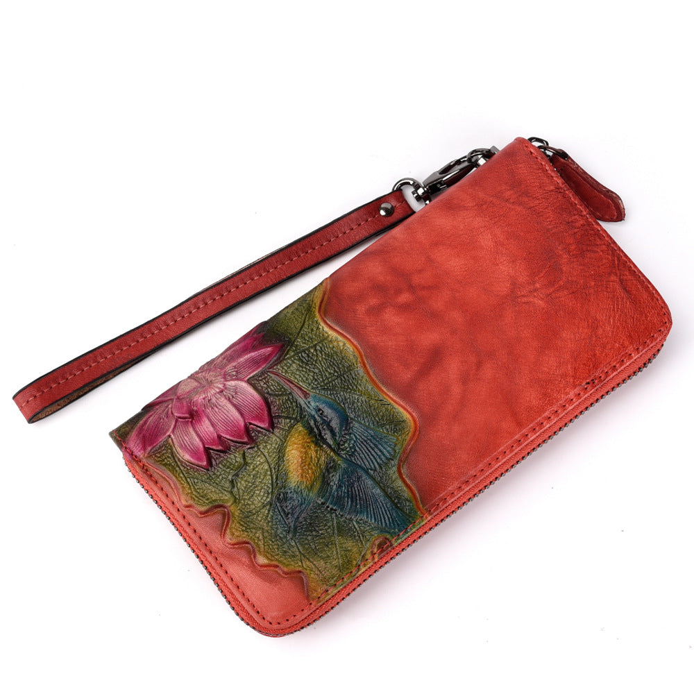 Women's Vegetable Tanned Leather Genuine Embossed Long Zip Ladies Wallets