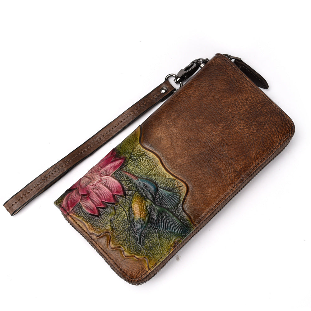 Women's Vegetable Tanned Leather Genuine Embossed Long Zip Ladies Wallets