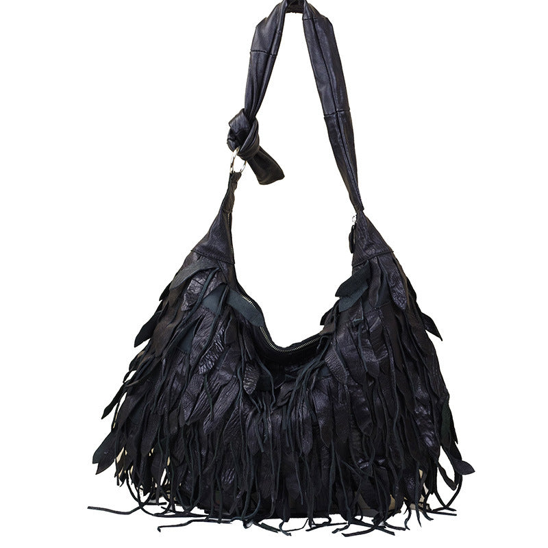Women's Leather Soft Black Striped Tassel Shoulder Bags