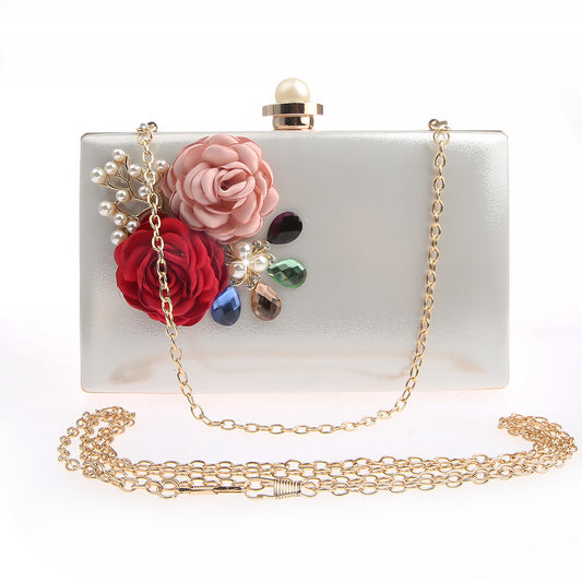 Contrast Color Flower Metal Chain Fashion Clutch Evening Bags
