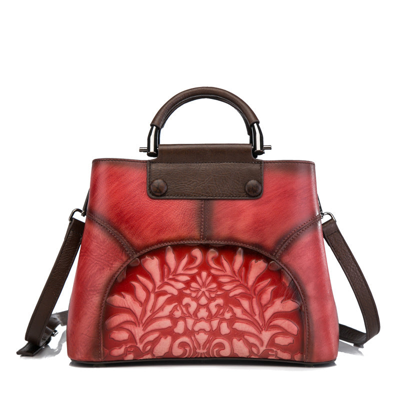 Women's Cowhide Retro Patchwork Embossed Hand-rub Color Large Handbags