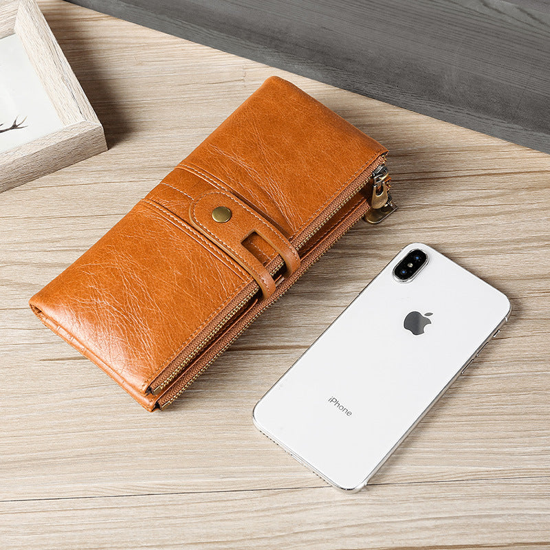 Retro Oil Wax Skin Long Cowhide Ladies Wallets