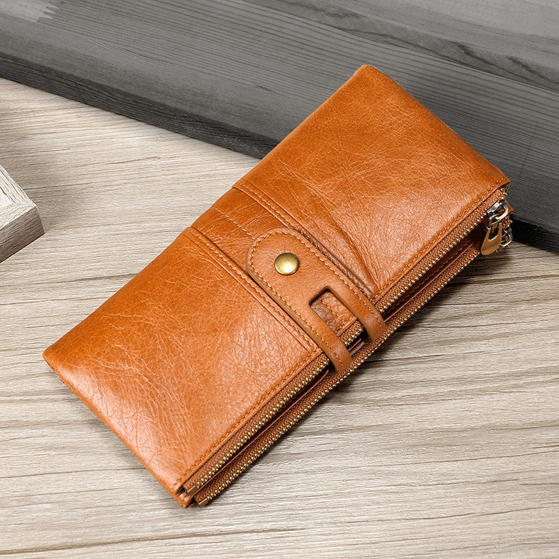 Retro Oil Wax Skin Long Cowhide Ladies Wallets