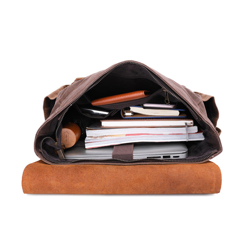 Men's Crazy Horse Leather Retro Canvas Oil Backpacks